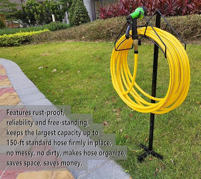Freestanding Garden Hose Holder Hanger, Heavy Duty Metal Water Hose Reel Storage Stand Rack for Yard Lawn, Bright Black (Hose not Included)