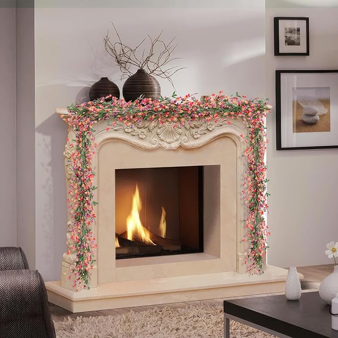 Artgar Flower Garland 9Ft Spring/Summer Garland Floral Garlands for Mantle All Year Round Paper Garlands Decor for Indoor Outdoor Home Wedding Arch Porch Stair Year Round Decor (Red&Orange&Purple)