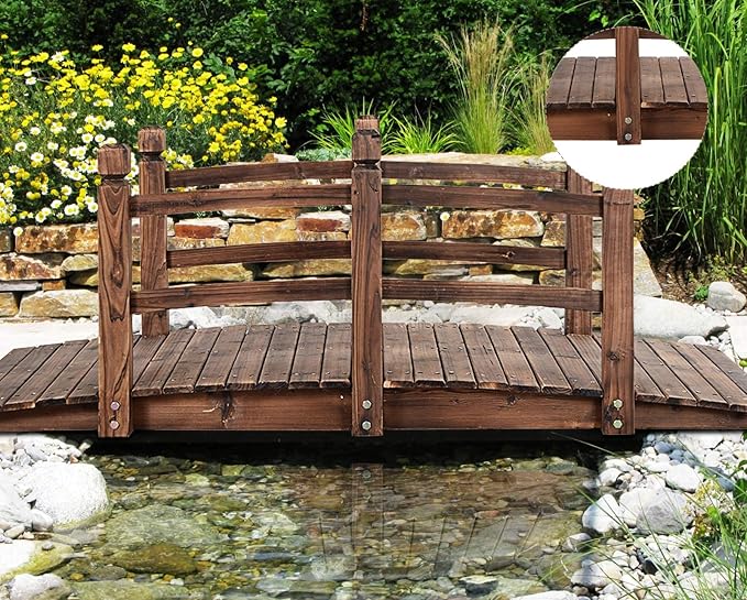 HAPPYGRILL Wooden Bridge, Small Wood Garden Bridge with Guardrails, Outdoor Pond Bridge for Garden Backyard Decoration 5FT