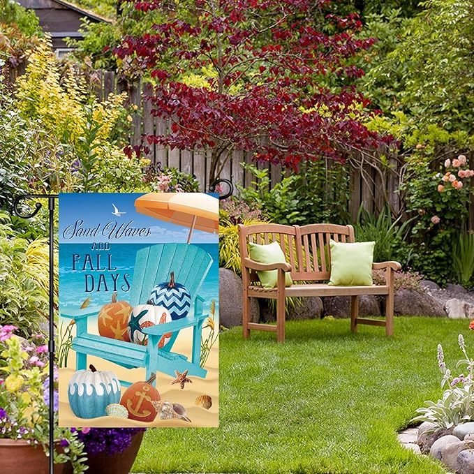 Sand Waves Fall Days White Pumpkin Beach Decorative Small Garden Flag Fall At The Beach Garden Flag Autumn Nautical Pumpkins,Blue Chair Beach Anchor Shell Crab Starfish Home Decorative Coastal House