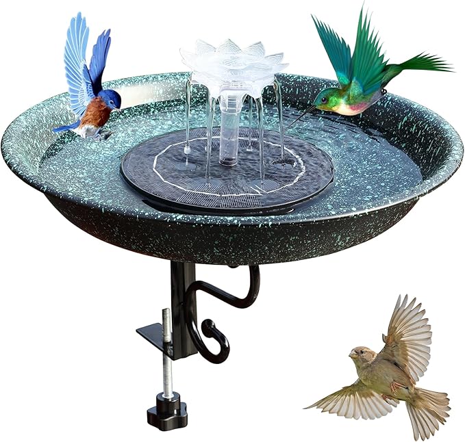 Deck Mounted Bird Bath,Dual Purpose Hummingbird Bath and Bird Feeder for Outside,Solar Bird Bath Fountains Combo Set for Balcony Railing Garden, for Backyard Birding & Wildlife,Copper Green