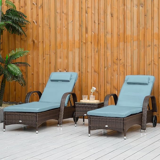 Outsunny Wicker Outdoor Chaise Lounge Chair Set of 3 with Side Table, 5-Level Adjustable Backrest PE Rattan Pool Lounge Chair with Wheels, Cushion & Headrest, Brown and Gray