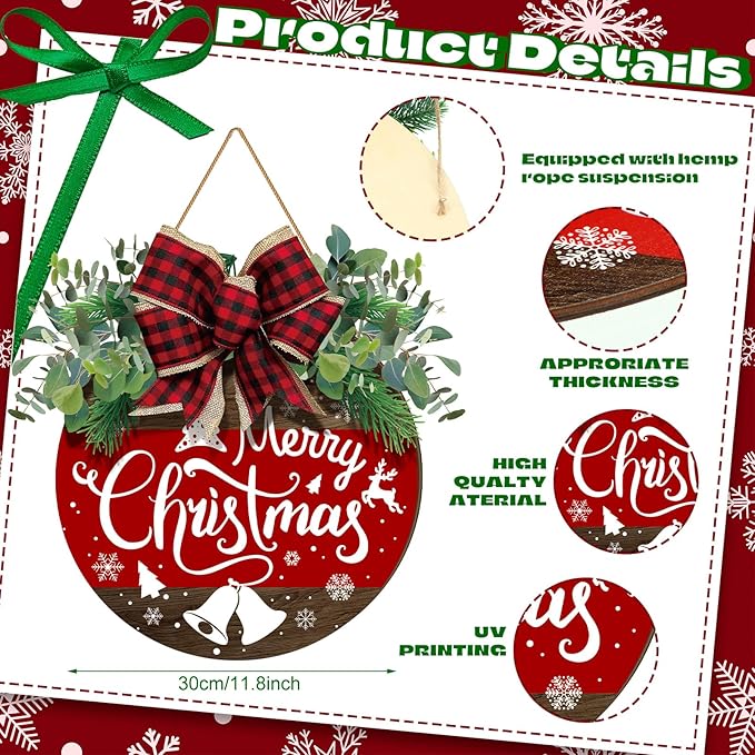 Boao Christmas Door Decorations Wooden Merry Christmas Welcome Front Door Sign Hanger with Red Buffalo Plaid Bow Xmas Wreaths for Outdoor Porch Farmhouse Decor