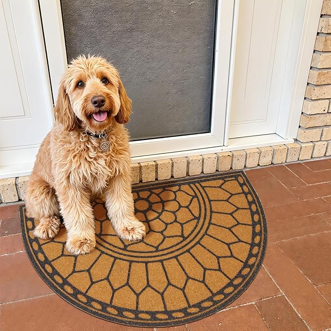 Half Circle Door Mat Outdoor, Front Door Rug Indoor Outside Entrance, Dirt Trapper Coir Doormat with Non Slip Backing, Half Round Rug for Entryway, 24x36, Brown