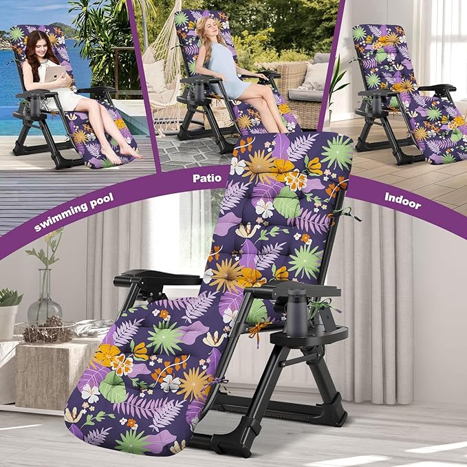Outdoor Chaise Lounge Chair Cushion Waterproof 66 x 21 x 4 Inches Cotton Lounge Chair Cushions with Ties, Soft Thickened Lounge Chair Cushions for Indoor Outdoor Furniture (Purple Flower Leaf)
