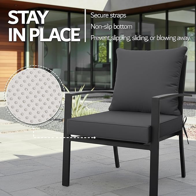 22x22 Inch Patio Chair Cushion with Removable Cover, Outdoor Furniture Cushion - Water-Repellent, Fade-Resistant, Non-Slip Bottom & Straps, Replacement for Lawn, Porch & Deck Chair - Dark Grey