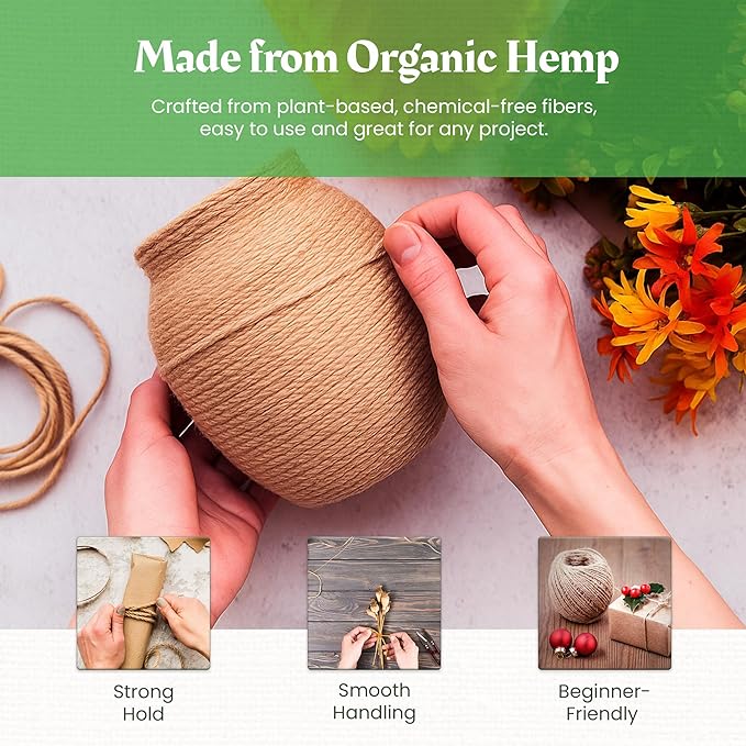 Hemp Twine for Gardening - Twine for Crafts - Organic Natural Hemp String for Jewelry Making - Strong Durable Cord for Decoration, Macrame + Cooking - 1MM, 100G/430 Ft. - 20 lb. Test Strength - Brown