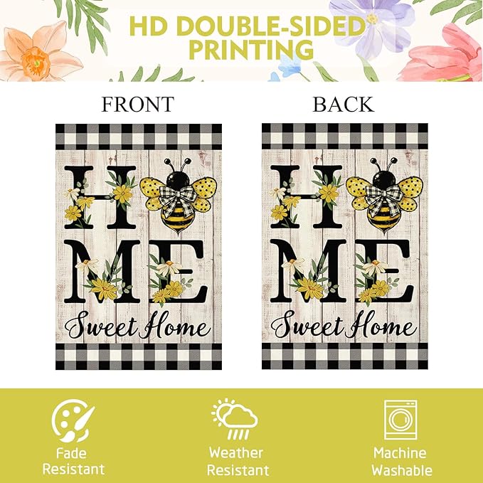 ORTIGIA Home Sweet Home Bee Garden Flag Double Sided 12.5x18 Inch, Spring Summer Yellow Flower Buffalo Plaid Check Small Yard Flag Burlap Farmhouse Rustic Outside Outdoor Lawn Patio Decor