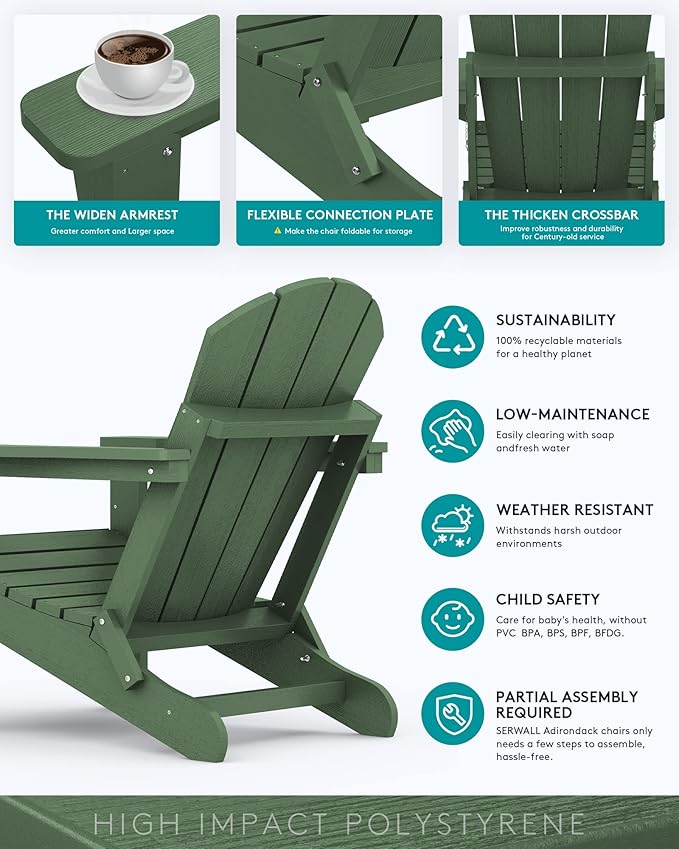 SERWALL Foldable Adirondack Chair Set of 2 for Patio Garden Outdoors Fire Pit Chairs-Avocadogreen