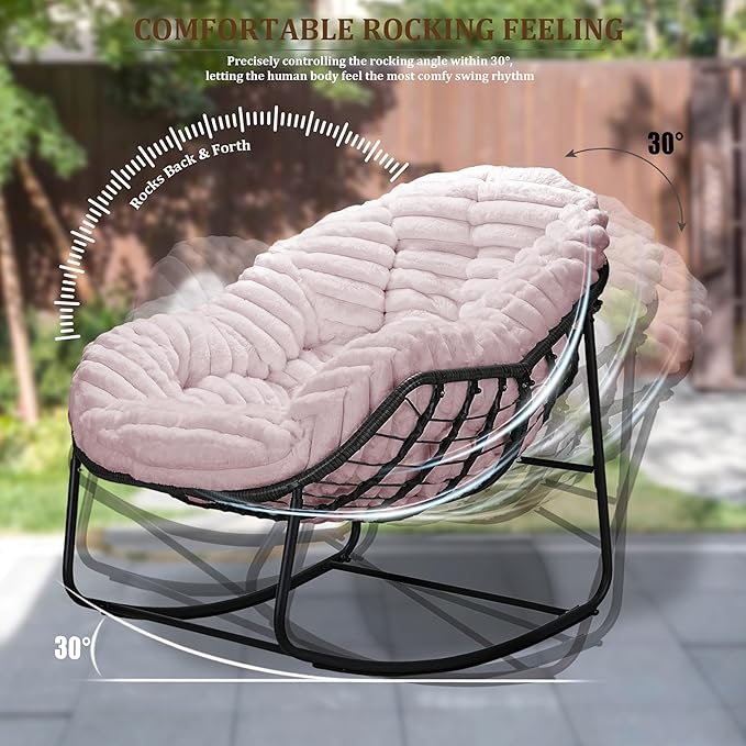 Outdoor Rocking Chair, Patio Wicker Egg Chair, Indoor Comfy Oversized Papasan Chair with Padded Cushion, Royal Rattan Rocker for Front Porch, Garden, Patio (Pink)