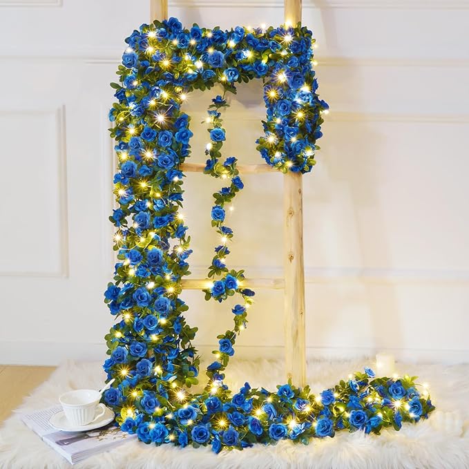 BLEUM CADE 5Pcs 41Ft Flower Garland Artificial Rose Vines with 32.8Ft String Lights, Cute Fake Hanging Flower Vines Floral Garland Decorations for Wedding Party Wall Room Decor Aesthetic
