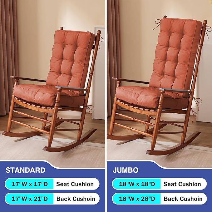 Rocking Chair Cushion, Waterproof and Fade-Resistant Patio Chair Cushions, Tufted Chair Pads for Rocker Furniture, 18x18 Inch, Indoor/Outdoor Seat Cushions with Ties, Spice