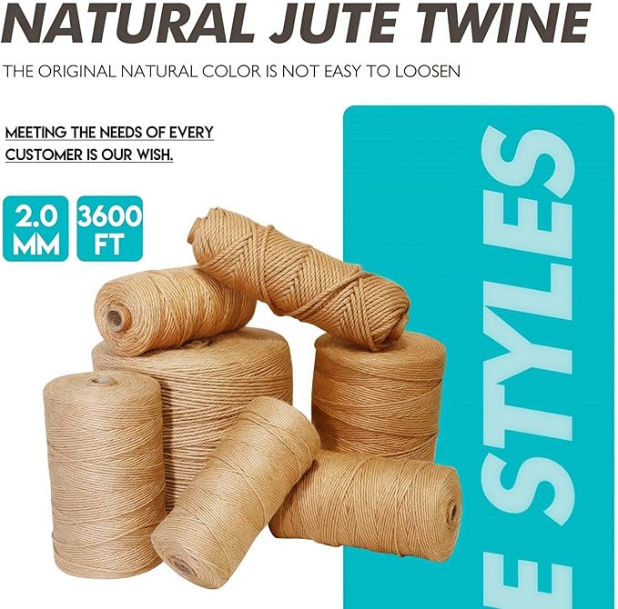 2MM Natural Jute Twine String — 3600Ft Brown Durable Jute Rope, Used for Hand Crochet, Climbing Plant, Gardening Flowers, Home Decorations, Art Crafts Gift Packaging, Weddings, Christmas
