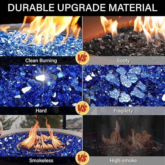 NUPICK 5 Pound Fire Glass, 1/4 Inch Reflective Fire Pit Glass, Tempered Firepit Glass Rock for Propane or Natural Gas, Glass Rocks for Fire Pit Table, Fireplace Glass for Landscaping, Blue