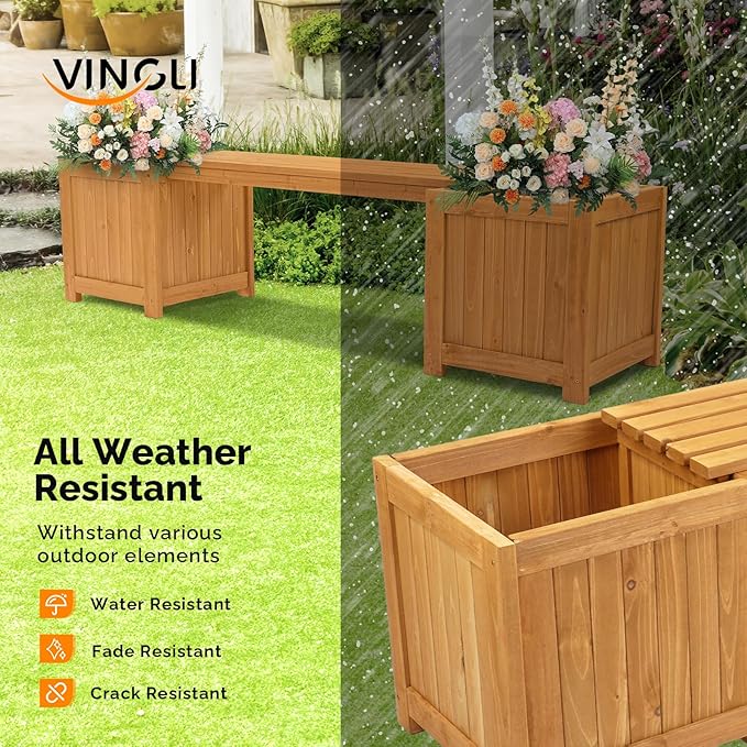 VINGLI Outdoor Wood Bench with Planter Boxes, 2-in-1 All-Weather Porch Bench Seat ＆ Open-Ended Wooden Raised Garden Bed, for Balcony Yard Patio (2 Boxes)