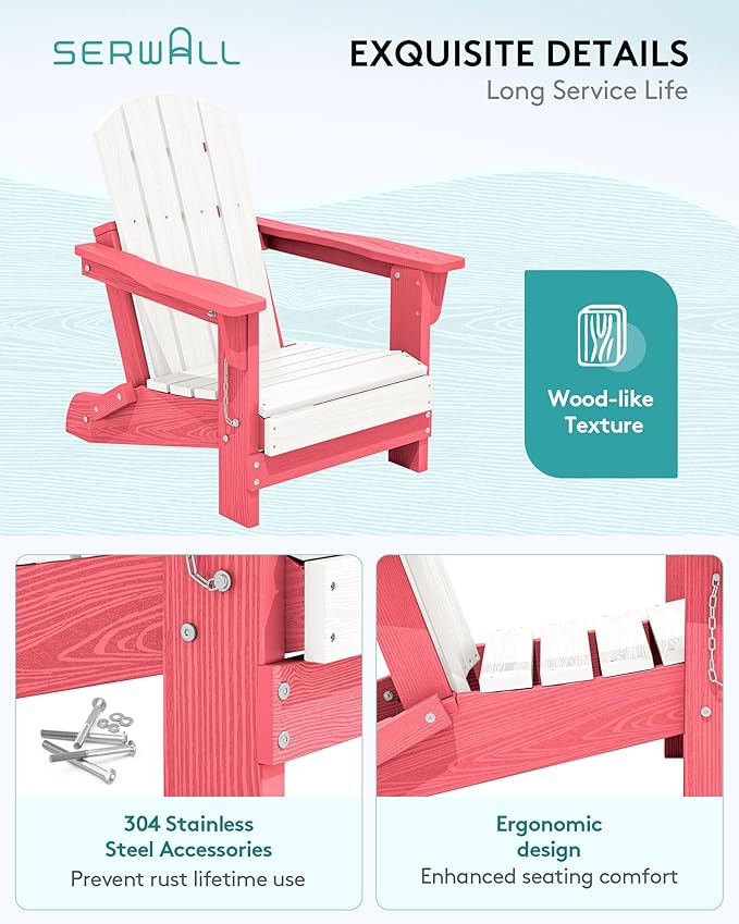 SERWALL Kids Adirondack Chair Sets for 2, HDPE Adirondack Chair for Children,All-Weather Resistant for Patio, Garden, Backyard - White and Light Pink