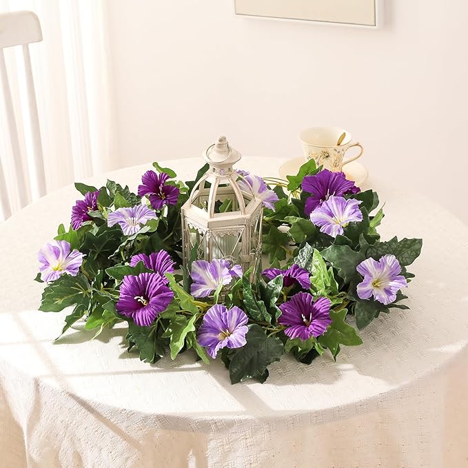 Floweroyal 4 Pack Artificial Flower Garlands 15.8FT Fake Morning Glory Vines Silk Flowers Hanging Garland Ivy for Wedding Arch Party Home Garden Wall Decor (Purple)