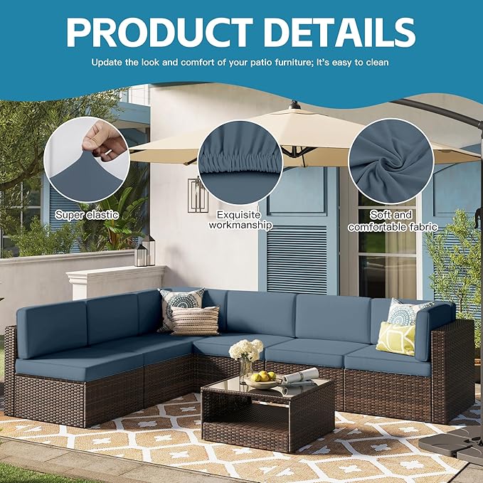 12Pcs Outdoor Cushion Covers, Patio Cushion Covers,Stretch Elastic Slipcovers, Replacement Washable & Reusable Furniture Protector for Patio Couch (Gray-Blue,Cover Only)