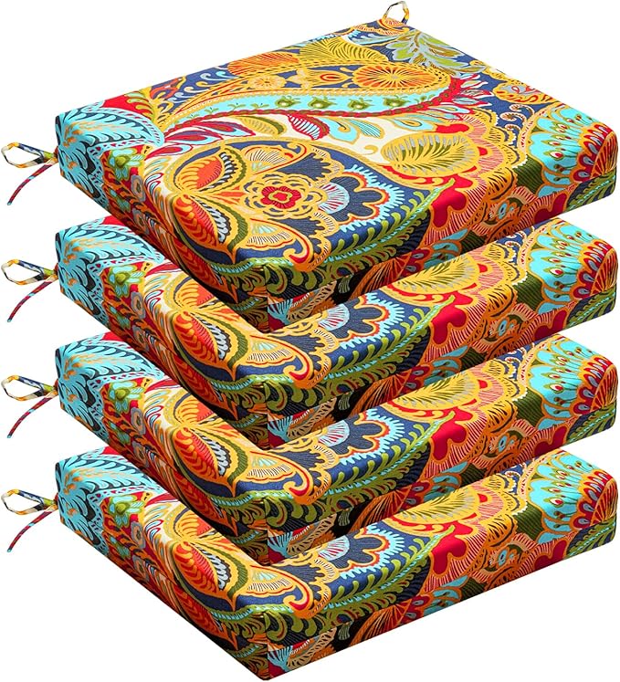 Wellsin Outdoor Chair Cushions for Patio Furniture - Outdoor Cushions for Chairs - Water Resistant Patio Chair Cushions Set of 4, 18.5"X16"X3", Flower