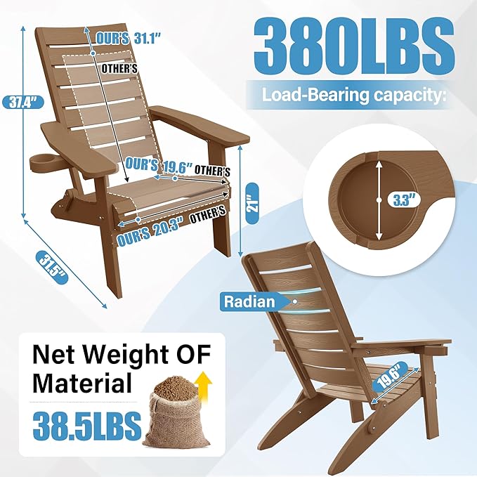 YEFU Adirondack Chair, Folding Adirondack Chairs with Arc Back & Cup Holder, Weather Resistant Plastic Oversized Chair for Outdoor Patio Lawn Garden Backyard Deck Fire Pit, Teak