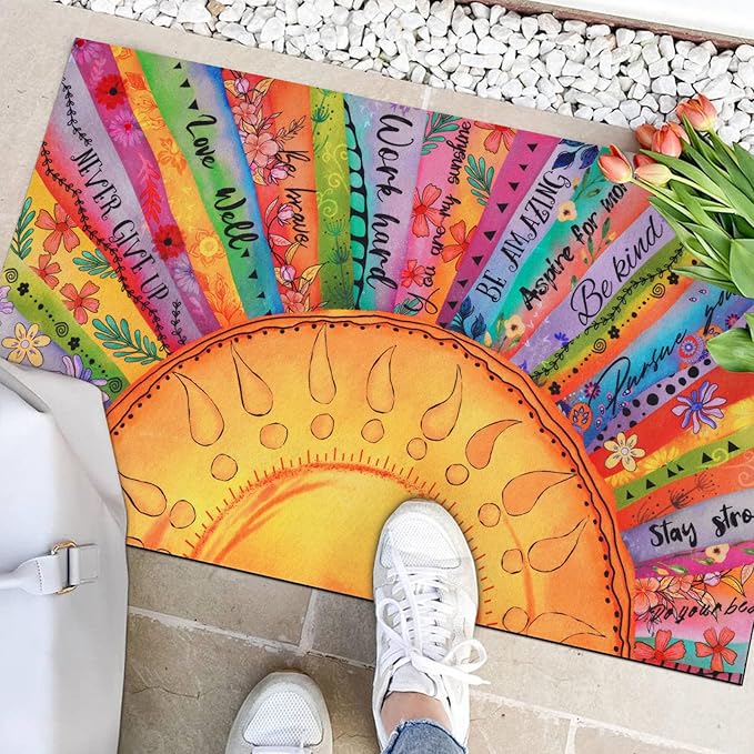 Likiyol Boho Sun Door Mat Outdoor Indoor, Colorful Floral Welcome Doormat with Inspirational Quotes for Front Door, Entryway, Non Slip Washable Rubber Door Rug, Low Profile, Absorbent, 18'' x 30''