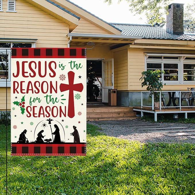 Jesus is the Reason for The Season Christmas Garden Flag Xmas Christian Nativity Winter Holiday Outside Outdoor Lawn Decorations Yard Flag Double Sided 12x18 Inch