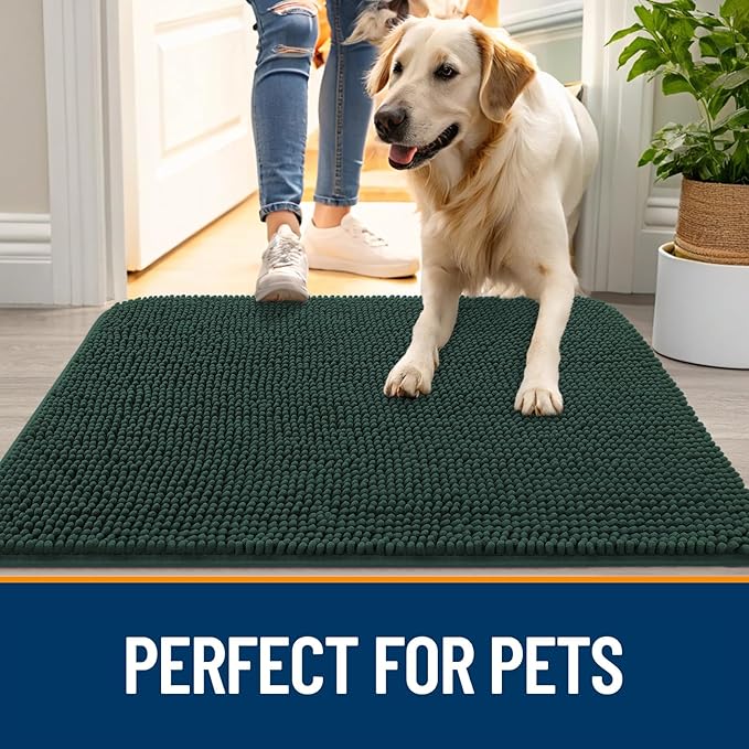 OLANLY Dog Door Mat for Muddy Paws 32x20, Absorbs Moisture and Dirt, Absorbent Non-Slip Washable Doormat, Quick Dry Chenille Mud Mat, Entry Indoor Entryway Carpet for Inside Floor, Blackish Green