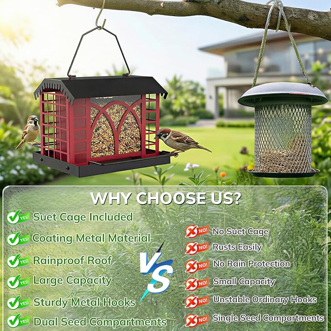 Bird Feeders for Outdoors Hanging, Metal Bird Feeder with Double Suet Cage Weatherproof Metal Roof, 3.5Lbs Large Capacity Great for Attracting Finch Cardinal Chickadee Wild Birds, Berry Red