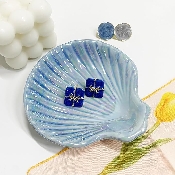 Shell Jewelry Dish Tray for Women, Ceramic Seashell Jewelry Ring Holder Dish, Jewelry Plate Trinket Dish for Necklace, Earring, Ring, Mother's Day Christmas Gift, 3.9", Sky Blue Iridescent Surface