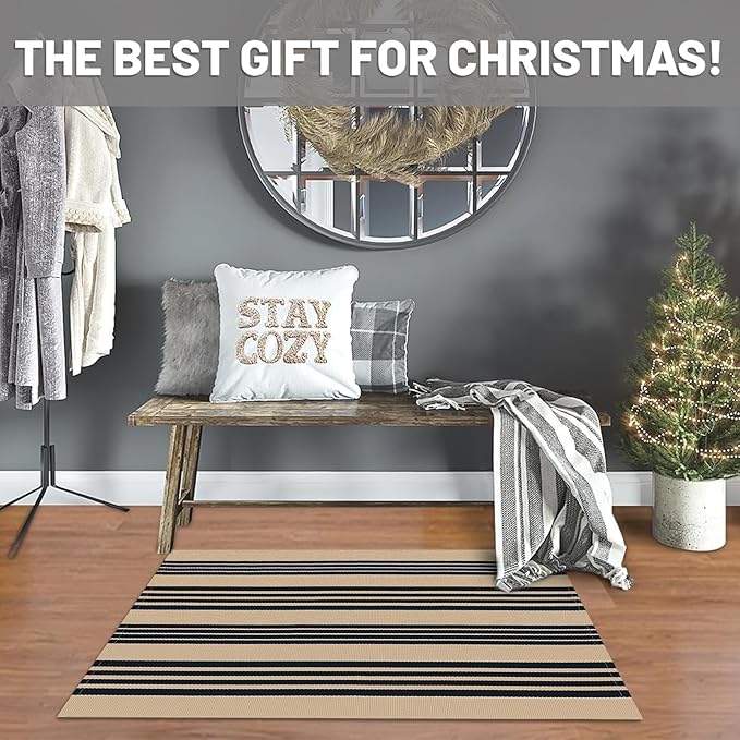 IOHOUZE Black and Tan Striped Rug 2'x3' Front Door Rugs Outdoor, Small Washable Area Rug for Front Porch, Spring Summer Welcome Mats Outdoor Indoor, Doormat for Entryway Porch Entrance