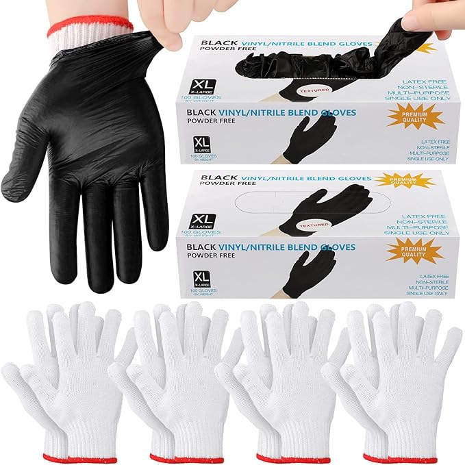 Janmercy 200 Pcs Disposable Nitrile BBQ Gloves Kit with 8 Washable Cotton Liners 5mil for Grilling Cooking Baking Gloves(X-Large,Black, White)