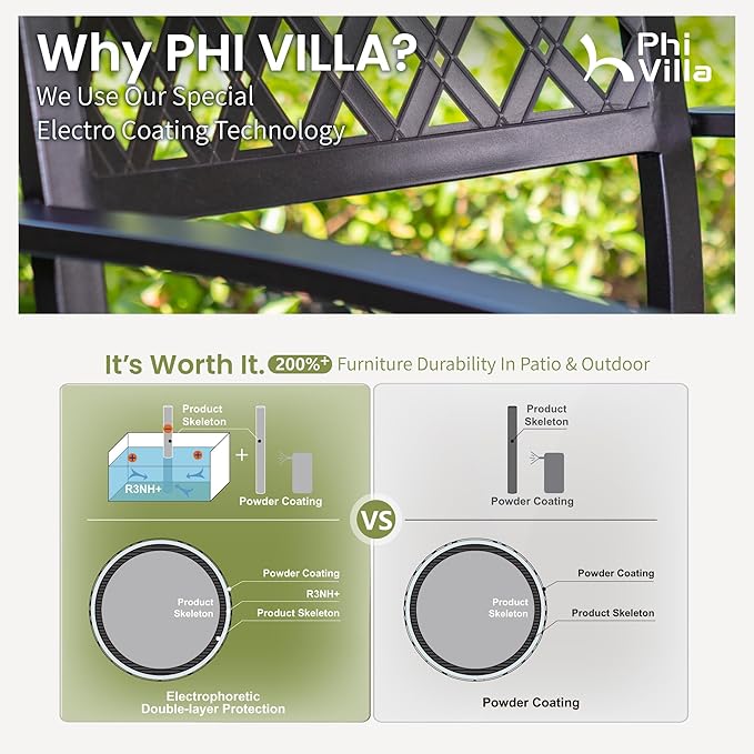 PHI VILLA 7 Pieces Outdoor Dining Set for 6, 65” Brown Wood-Like Metal Steel Table & Stackable Black Iron Chairs, Outside Furniture Set with Umbrella Hole for Patio, Deck, Yard, Porch