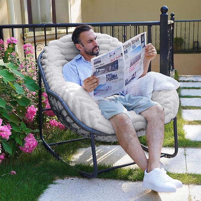 Outdoor Rocking Chair, Patio Wicker Egg Chair, Indoor Comfy Oversized Papasan Chair with Padded Cushion, Royal Rattan Rocker for Front Porch, Garden, Patio (Light Grey)