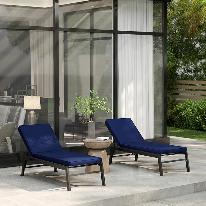 Outsunny Chaise Lounge Cushions Outdoor Set of 2, Fade Resistant, 72 x 21 x 3 in Sun Lounger Replacement Cushions, Patio Lounge Chair Pads with Removable Cover for Pool, Beach, Deck, Lawn, Navy Blue