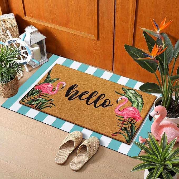 Tinideya 2 Pcs Door Mat Welcome Non Slip Coir Mats Floor Layering Doormats Seasonal for Front Porch Entryway Decor (Hello Flamingo)