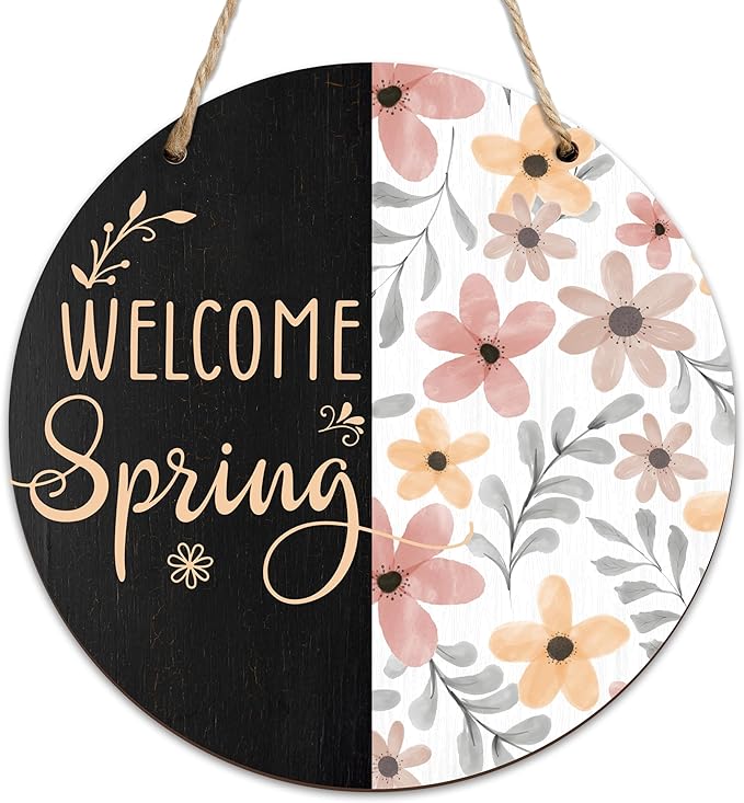Spring Hanging Decor For Front Door, Watercolor Flowers Welcome Spring Round Sign Decor For Farmhouse Home Yard Porch, Hello Spring Decorations, Spring Wall Plaque Gifts For Friends Family -01