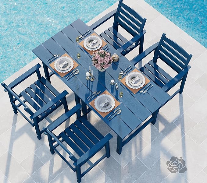 Anbuy Patio HDPE Dining Table Set, 5-Piece Outdoor Dining Table Sets, 2 in 1 Outdoor Furniture Table and 4 Outdoor Chairs for Garden, Backyard, Poolside, Easy Assembly, Blue