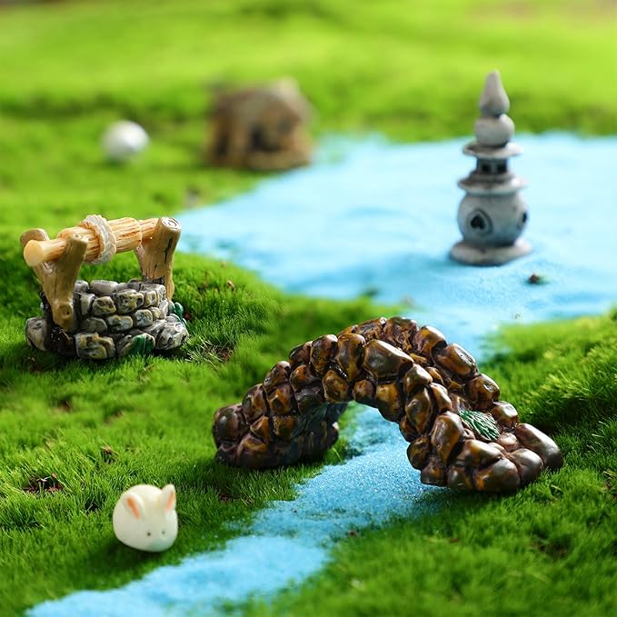 Jetec 12 Pcs Mini Fairy Garden Accessories Miniature Tiny Stone Bridge Mini Pond Lighthouse Water Well Waterwheel Figurines Resin Ornaments for DIY Craft, Lawn Pond Decor