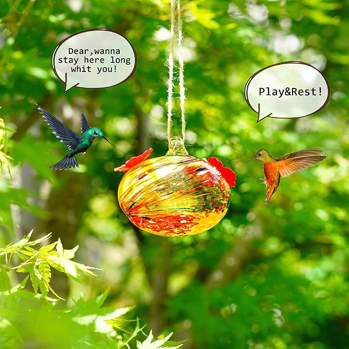 3inch Hand Blown Glass Hummingbird Feeders for Outdoors with 2 Feeding Ports Leak Proof Small Glass Humming Bird Feeder for Window Garden Patio Decoration