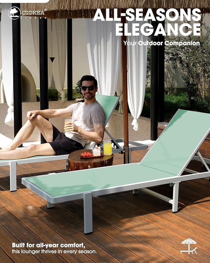 Ciokea Aluminum Chaise Lounge Chair Outdoor with Wheels, Patio Lounge Chair with Adjustable 5-Position Recliner and Full Flat Tanning Chair for Patio, Beach, Pool, Light Green