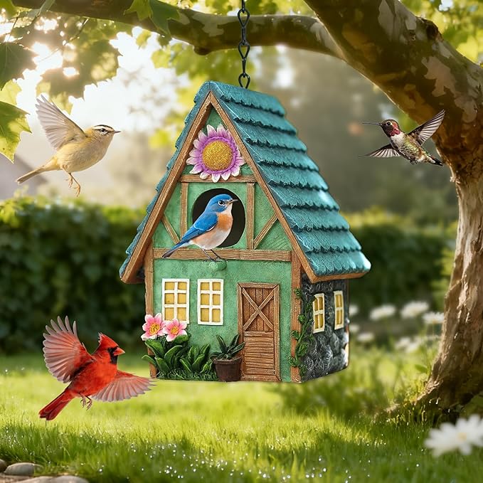 Bird Houses for Outside Cottage-Style Hanging Birdhouse with Flower Accents – Hand-Painted Resin Decorative Birdhouses for Outdoors for Bluebird Finches Cardinals Bird Nesting Garden, Patio, Yard