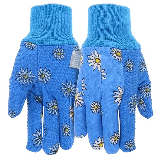 MUD Essential Women's PVC Dotted Palm And Daisy Printed Jersey Garden Glove, Extreme Comfort, Excellent Grip, Durable Wear, Blue, Medium/Large (M61001B-WML)