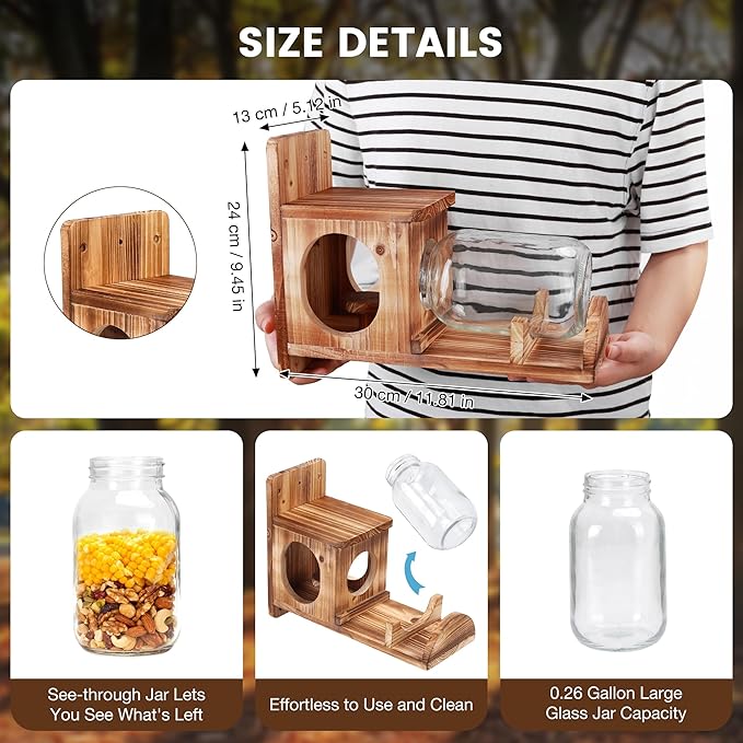 Squirrel Feeder, Wood Squirrel Feeders for Outside, Chipmunk Feeder for Corn Peanuts, Removable Storage Bottle, 1 Stable Squirrel Stools