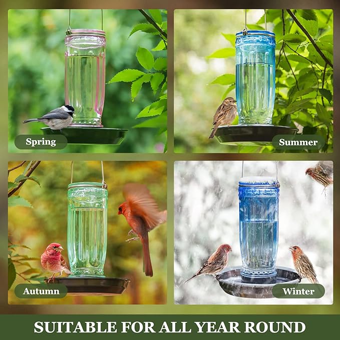 Kingsyard Glass Bird Water Dispenser for Outdoor, 16 Oz, Bird Water Feeder with Metal Hanging for Garden Yard Fence Decoration Hummingbird Cardinal Bluebird Finch, Blue