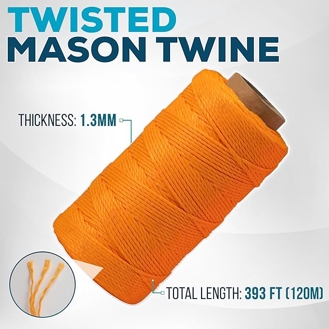 Mason Line String 1.3mm Thick Twisted Polypropylene – Durable Construction Twine for Laying Bricks, Blocks, Fences in Gardening, DIY & Landscaping Projects (Orange, 393 Ft)