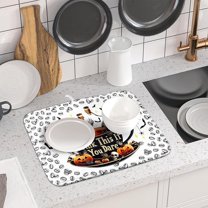 Funny Skull Coffee Matt for Counter Skeleton Dish Drying Mat Halloween Decoration for Home Coffee Bar