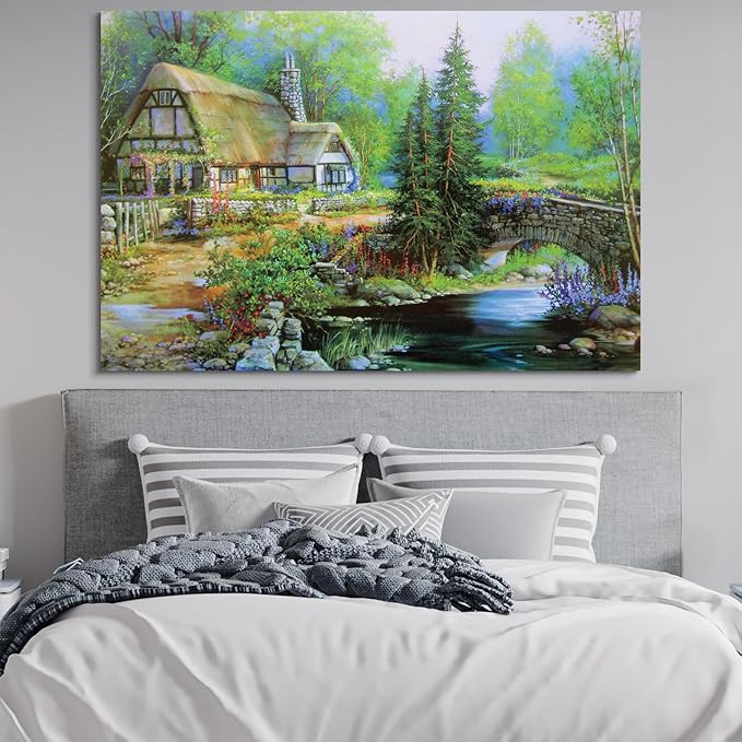 STUDIO HAVEN Thomas Kinkade Canvas Wall Art, Riverside Cottage Stone Bridge Vine-Covered Home Flowing Stream Oil Painting Poster Rustic Wall Decor, Framed Prints for Home Decor, 16x12Inch