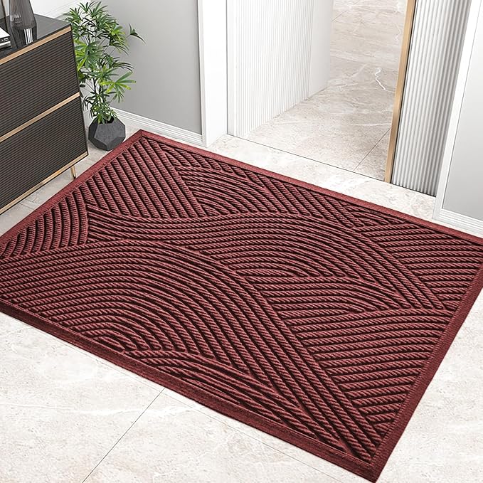 Sturdy Front Door Mat, Absorbent Muddy Dirt Resist Welcome Door Mats Outdoor Indoor, Stain and Fade Resistant, Non-Slip Backing Entry Mat Low Profile Doormat for Entryway, 47×32, Red
