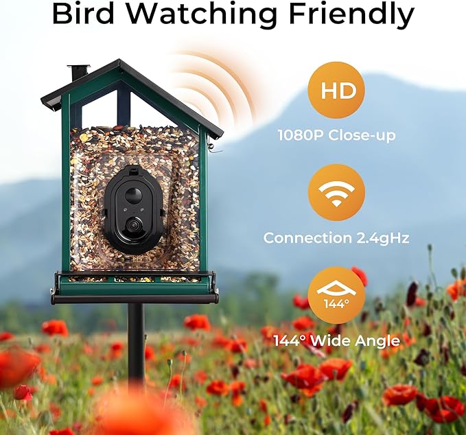 TT Nature Smart Bird Feeder with Camera Solar Powered Squirrels-Proof, AI Identify Bird Species & Instant Arrival Notification Camera, Data Security, Metal Case 3.2L Large Capacity Gift, Green
