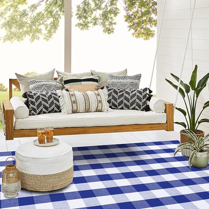 SEEKSEE Cotton Buffalo Plaid Rug 4'x6' Blue and White Hand Woven Checked Rug Washable Doormats Indoor Outdoor Rugs for Layered Front Door Mats, Porch, Kitchen, Farmhouse, Entryway